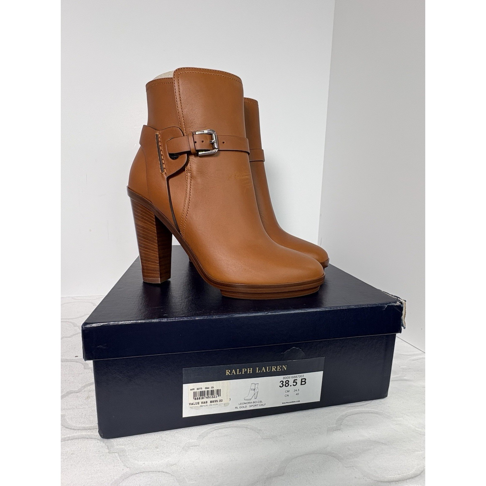 Ralph Lauren Ankle Boots Women Size 38.5 Tan Heels Buckle Purple Label Italy